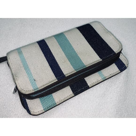 Thirty-One 31 Wallet Three Zipper Blues Denim-look Stripes Canvas Twill READ - Picture 1 of 10